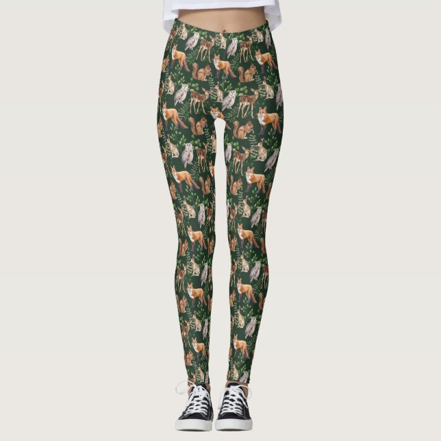Aquarell-Sommer-Waldtiere-Muster Leggings (Vorderseite)