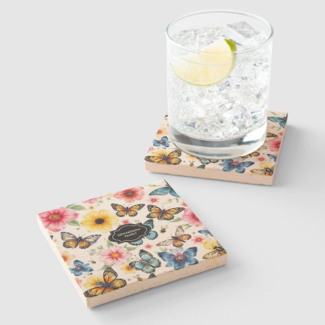 Aquarell-Sommerblumen-Schmetterlinge monogrammiert Steinuntersetzer (Seitenansicht)