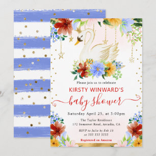 Aquarell Sommerblumen Schwan Baby Shower Einladung