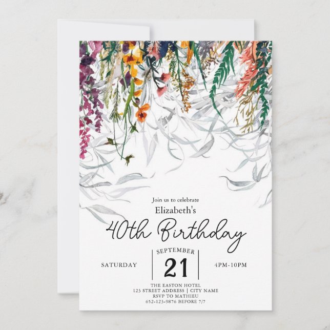 Aquarell Sommerliche Wildblumen 40. Geburtstag Einladung (Vorderseite)