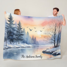 Aquarell-Sonnenaufgang Wintervögel See Personalisi