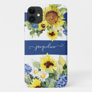 Aquarell Sonnenblume Blütenblau n Weiß Streifen Case-Mate iPhone Hülle