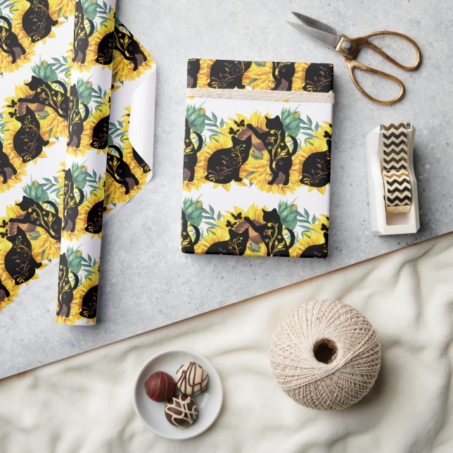 Aquarell Sonnenblume Bouquet Katze Silhouette Geschenkpapier (Kunsthandwerk)