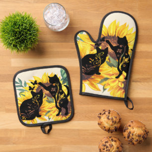Aquarell Sonnenblume Bouquet Katze Silhouette Ofenhandschuh & Topflappen-Set
