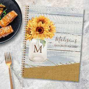 Aquarell-Sonnenblume-Mason-Glas-Shabby-Holz-Rezept Notizbuch