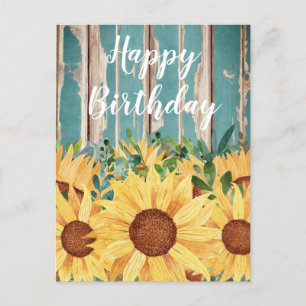 Aquarell-Sonnenblume & rustikale Holz-Geburtstagsg Postkarte