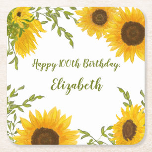 Aquarell-Sonnenblumen 100. Geburtstag-Getränkeunte Rechteckiger Pappuntersetzer