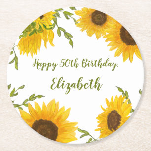 Aquarell-Sonnenblumen 50. Geburtstag-Getränkeunter Runder Pappuntersetzer