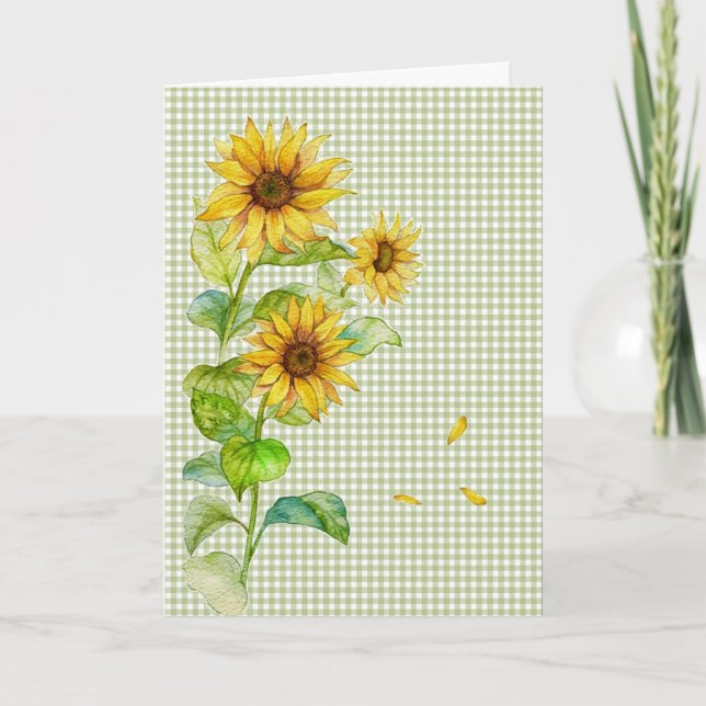 Aquarell Sonnenblumen auf Gingham Karte (Vorderseite)