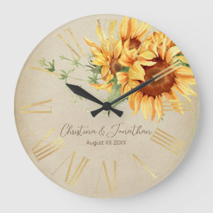 Aquarell-Sonnenblumen auf verblasstem Pergament Große Wanduhr