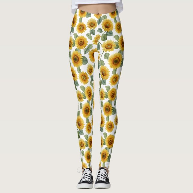 Aquarell-Sonnenblumen-Blumenmuster Leggings (Vorderseite)