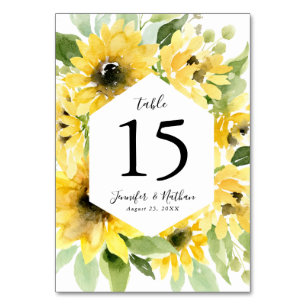 Aquarell-Sonnenblumen-Blumenrahmen Hochzeit Tischnummer
