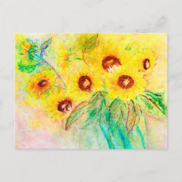 Aquarell Sonnenblumen. Blumenstrauß gemalt. Postkarte