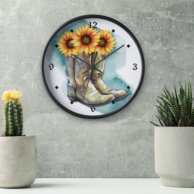 Aquarell Sonnenblumen Cowgirl Stiefel Große Wanduhr (Von Creator hochgeladen)