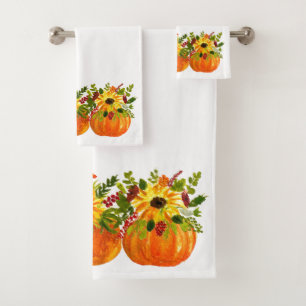 Aquarell-Sonnenblumen-Erntedank-Kürbisse Herbst Badhandtuch Set