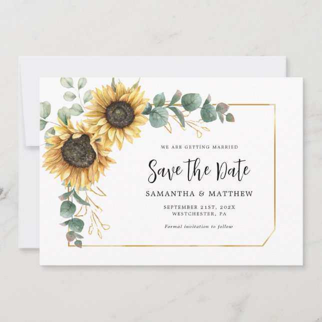 Aquarell-Sonnenblumen-Eukalyptus-Hochzeit Save The Date (Vorderseite)