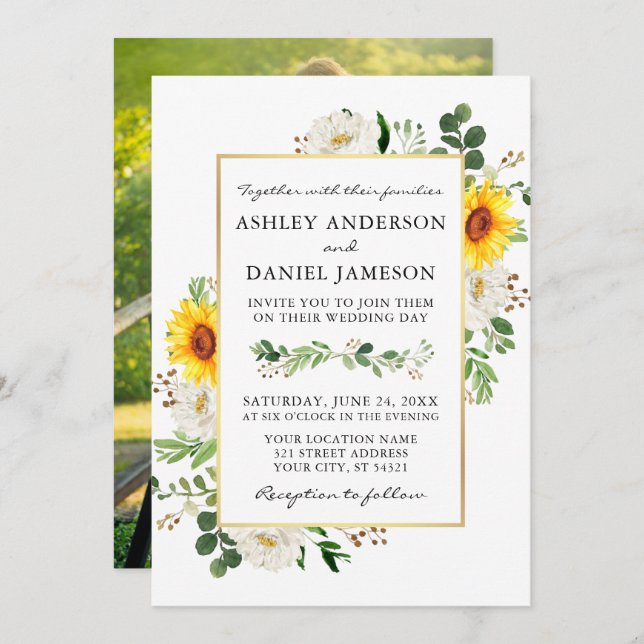 Aquarell Sonnenblumen Foto Weiße Blumenzehen Einladung (Vorne/Hinten)