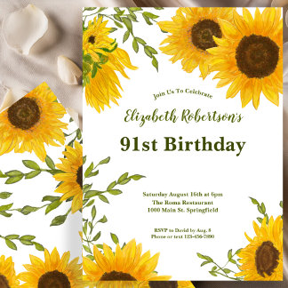 Aquarell-Sonnenblumen Frauen 91. Geburtstag Einladung