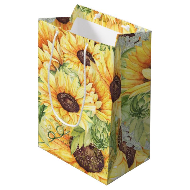 Aquarell Sonnenblumen Grüne Mittelgebäck Mittlere Geschenktüte (Vorderseite Schrägansicht)