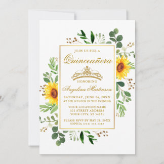 Aquarell Sonnenblumen Grüne Quinceanera Gold Einladung