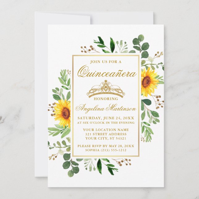 Aquarell Sonnenblumen Grüne Quinceanera Gold Einladung (Vorderseite)