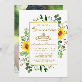 Aquarell Sonnenblumen Grünes Foto Quinceanera Einladung