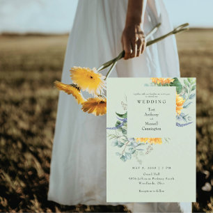 Aquarell-Sonnenblumen-Hochzeit in Hellgrün Einladung
