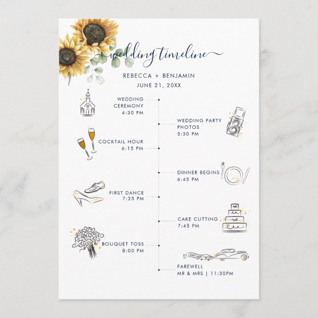 Aquarell-Sonnenblumen-Hochzeits-Itinerary Programm (Vorderseite)
