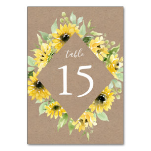 Aquarell-Sonnenblumen Kraftpapier Hochzeit Tischnummer