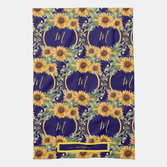 Aquarell Sonnenblumen Monogram Van Gogh Style Geschirrtuch (Vertikal)