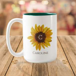 Aquarell-Sonnenblumen-Monogramm-Name Zweifarbige Tasse