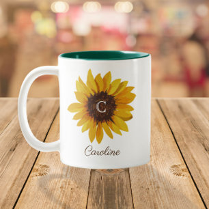 Aquarell-Sonnenblumen-Monogramm-Name Zweifarbige Tasse