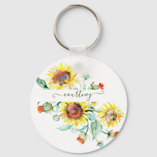 Aquarell-Sonnenblumen personalisiert Schlüsselanhänger