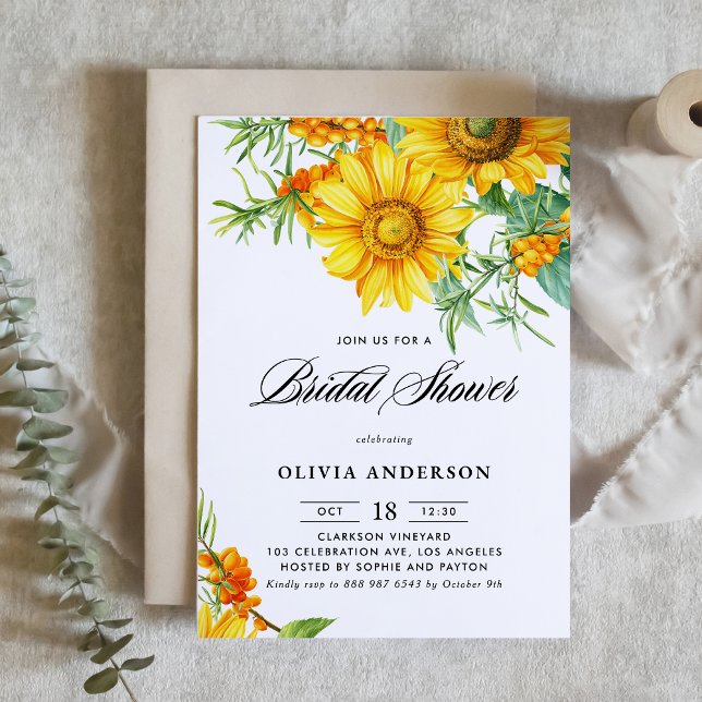 Aquarell Sonnenblumen & Sea Buckthorn Brautparty Einladung (Botanical bridal shower invitation featuring illustrations of yellow sunflower and sea buckthorn.)