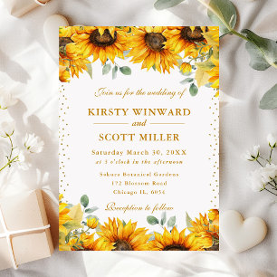 Aquarell-Sonnenblumen und Gold-Glitter-Hochzeit Einladung