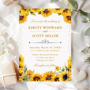 Aquarell-Sonnenblumen und Gold-Glitter-Hochzeit Einladung