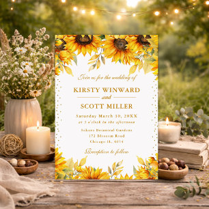 Aquarell-Sonnenblumen und Gold-Glitter-Hochzeit Einladung