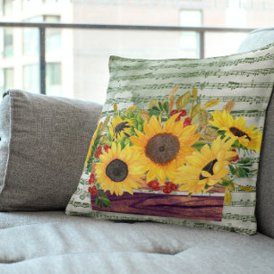 Aquarell-Sonnenblumen und Notenblatt Kissen