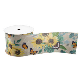 Aquarell-Sonnenblumen und Schmetterlinge auf Perga Satinband