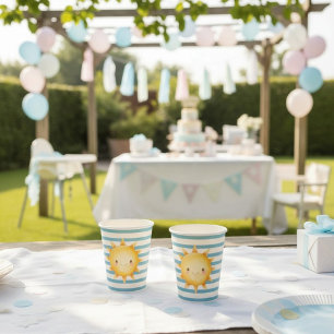 Aquarell-Sonnenlicht-Baby-Party Blau gestreiftes P Pappbecher