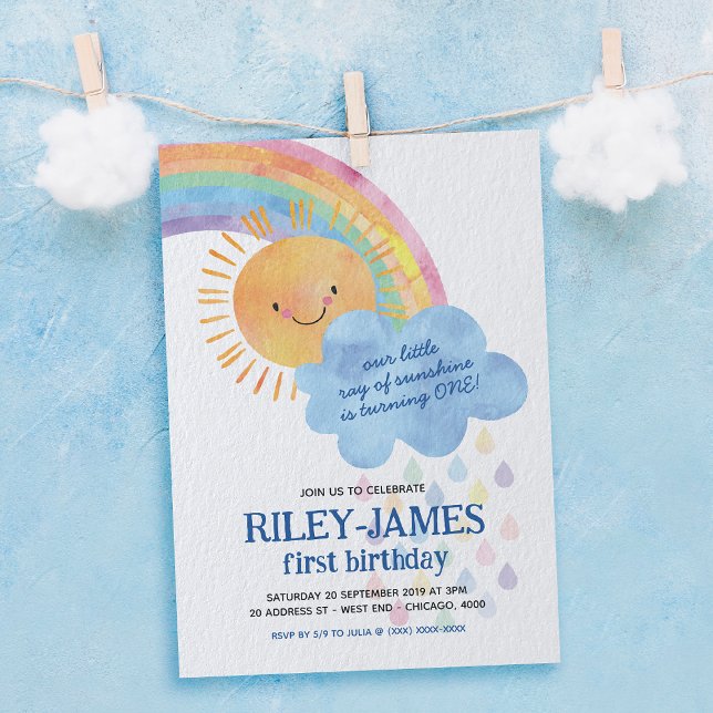 Aquarell Sonnenschein und Regenbogen Geburtstag Einladung (Celebrate with this rainbow invitation, that's bursting with colors and good vibes!)