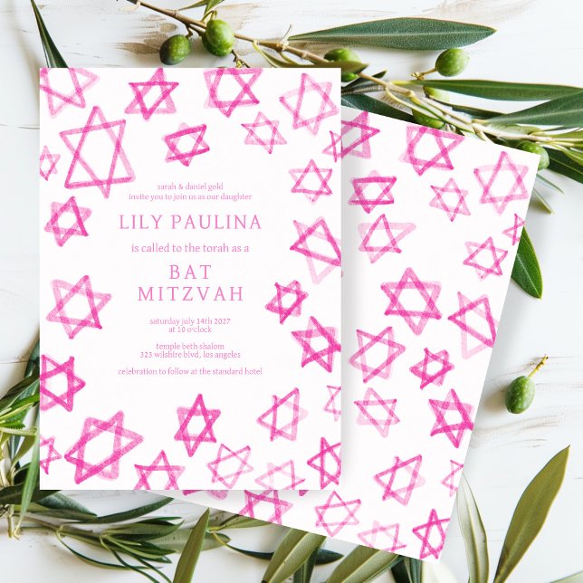 Aquarell Spaß Rosa Star von David Bar Bat Mitzvah Einladung (Watercolor Fun Modern Cute Pink Star of David Bar Bat Mitzvah Custom Invitation Evite 
)