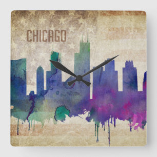 Aquarell-Stadt-Skyline Chicagos, IL   Quadratische Wanduhr