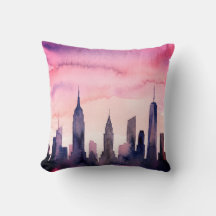 Aquarell-Stadtbild Indigo Pastellrosa NY-Skyline