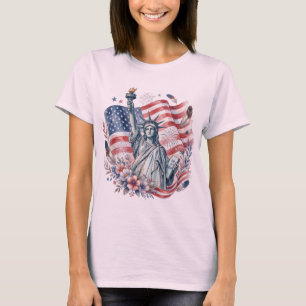 Aquarell-Statue-der-Freiheit-Blumen-Amerikanische- T-Shirt