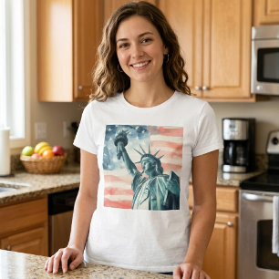Aquarell Statue of Liberty mit amerikanischer Flag T-Shirt