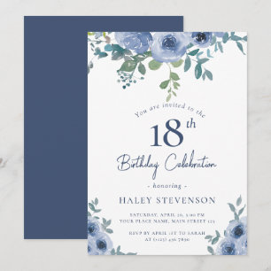 Aquarell Staubblau Blumen 18. Chic Geburtstag Einladung