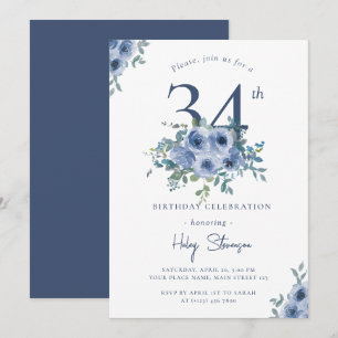 Aquarell Staubblau Blumen 34. Geburtstag Chic Einladung