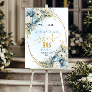 Aquarell staubblau Blumen Goldrahmen Sweet 16 Poster
