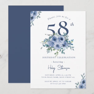 Aquarell Staubblau Floral 58. Chic Geburtstag Einladung
